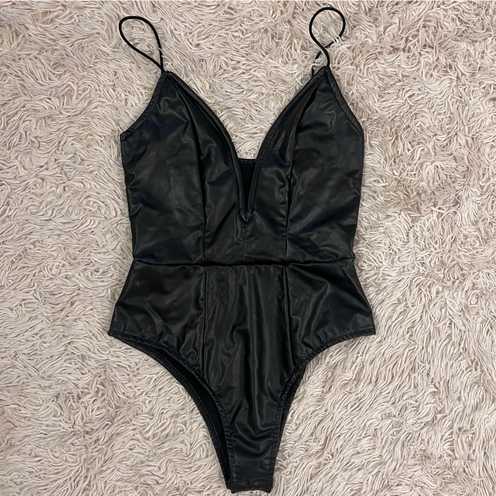 Faux Leather Deep V Bodysuit